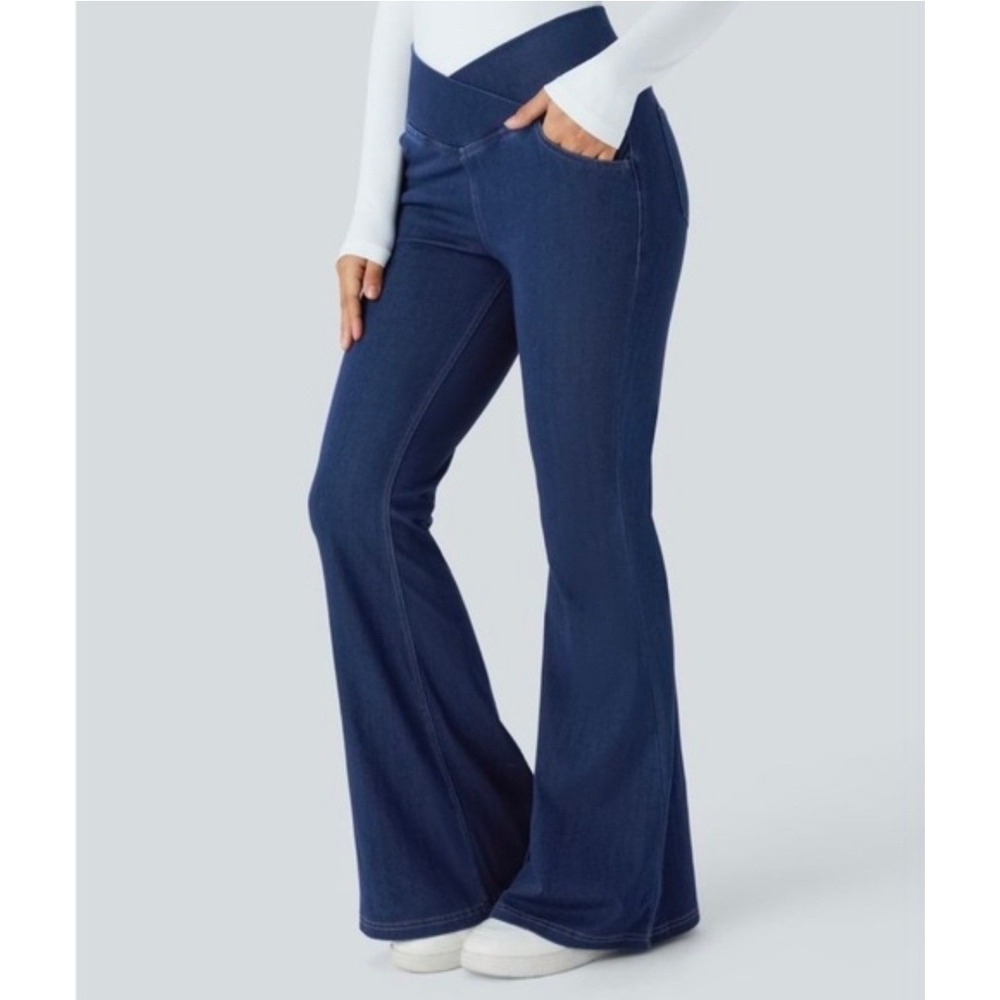Halara Crossover Waist Flare Jeans Indigo Blue Petite Medium High Rise Stretch